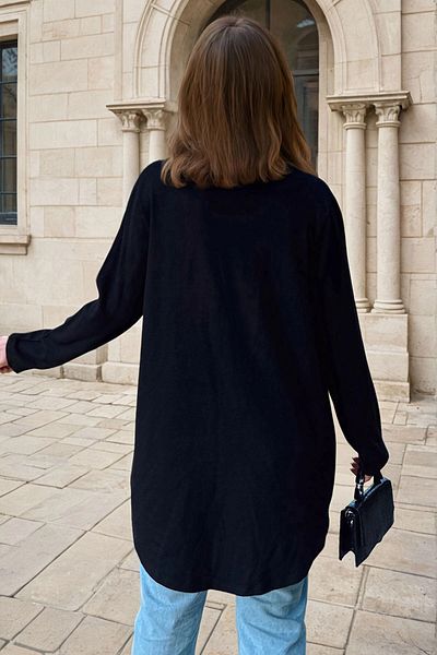 bacc Women's Black Shawl Collar Asymmetrical Cut Buttoned Loose Cardigan Bcbsk-25700-3328