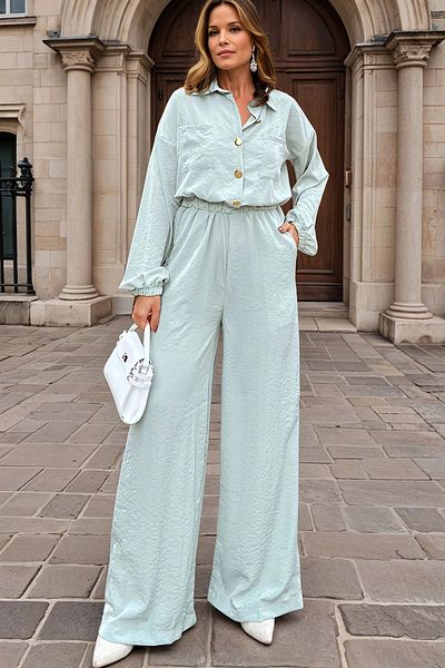 bacc Women's Mint Half Placket Elastic Waist Loose Wide Leg Pocket Loose Jumpsuit Bcbsk-25700-3360
