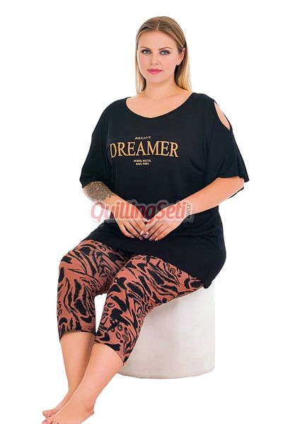 quilling Black Color and Patterned 10733 Cotton Big Size Leggings and Capri Mother Pajamas Set