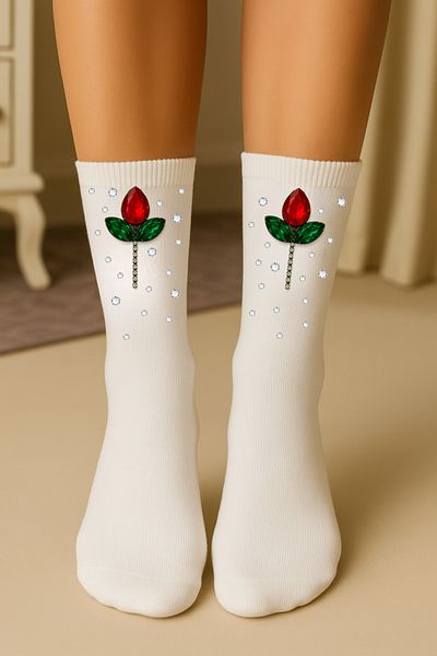 Özlem Bamboo Extra Soft Premium Stonewashed Rose Print Women's White Socket Socks
