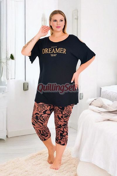 quilling Black Color and Patterned 10733 Cotton Big Size Leggings and Capri Mother Pajamas Set