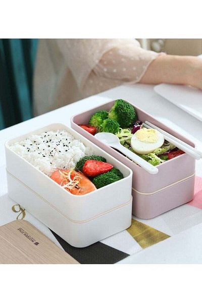 COOYA Wooden Double Layer Lunch Box Portable Microwave Oven Bento Box White