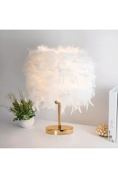 COOYA Desk Lamp, with Feather Lampshade, Portable Modern Style Antique Designed, 21x28cm