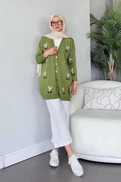 Şulemoda Giyim Μερσεριζέ Ζακέτα Πράσινη με Κεράσια