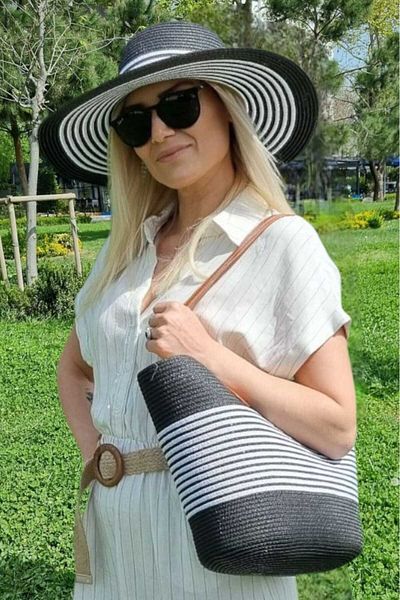 Mood Agenda Women's Wide Brim Striped Straw Summer Beach Hat and Shoulder Bag Set of 2