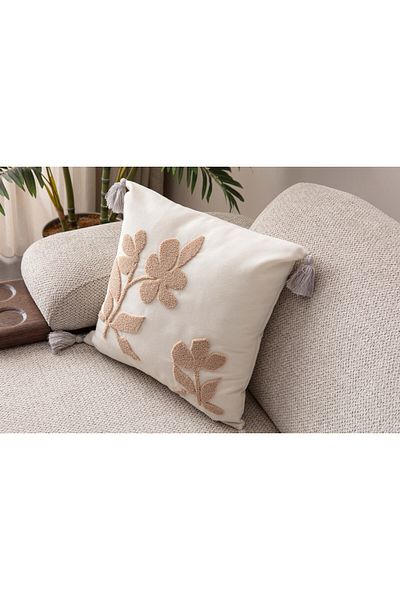 dekomall home & living Tasseled Beige Punch Embroidered Throw Pillow Cover 43X43Cm