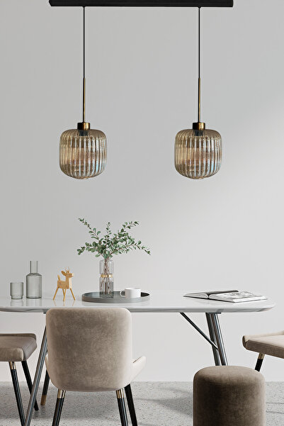 Bamyum İkili Mopa Cam Bal Rengi Avize İnce Eskitme Başlık Retro Sarkıt Lamba Restoran Salon Aydınlatma