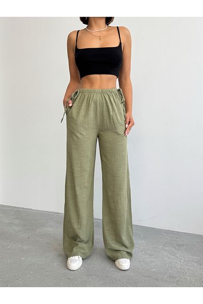 BEJNA Khakifarbene Leinenhose mit seitlicher Bindung für Damen