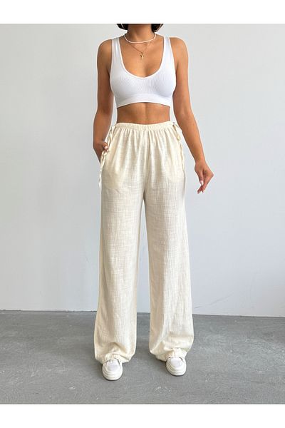 BEJNA Cremefarbene Leinenhose mit seitlicher Bindung für Damen
