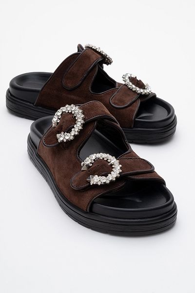 LuviShoes MORELIA Papuci de damă din piele naturală din piele intoarsa maro cu dungi duble