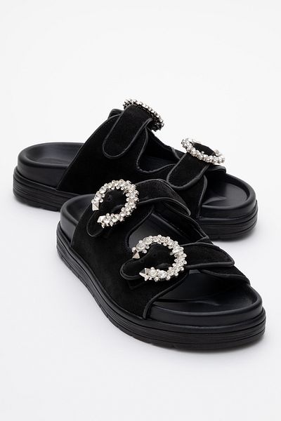 LuviShoes Γυναικείες παντόφλες MORELIA Μαύρο Suede Γνήσιο Δερμάτινο Πέτρα Διπλό Ζωντανό