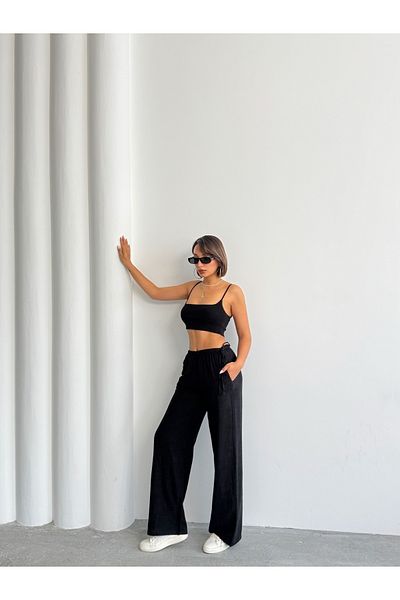 BEJNA Schwarze Leinenhose mit seitlicher Bindung für Damen