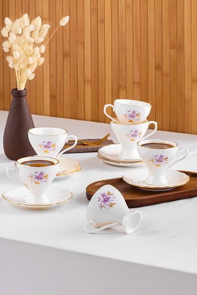 Porsima 4313 Emery 12 Piece 6 Person Gilded Porcelain Turkish Coffee Cup Set