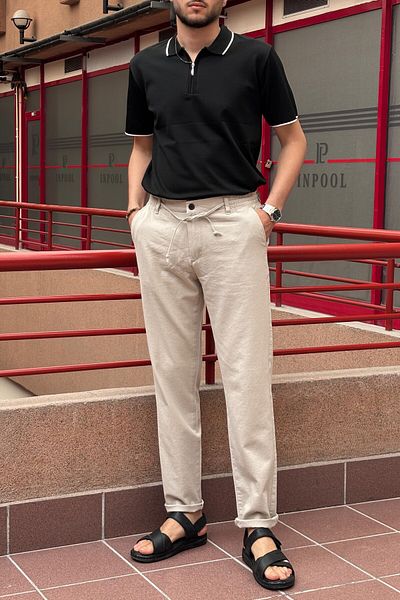 inpool Men &Apos; S, Elastic on the Waist, Regular Fit, Linen Weaving, Cotton Old Money Culture Trousers 300