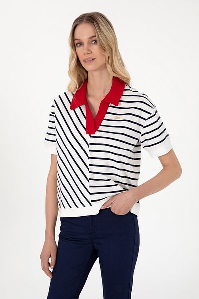 U.S. Polo Assn. Tricou cu guler polo cu dungi bleumarin pentru femei 50300771-VR033