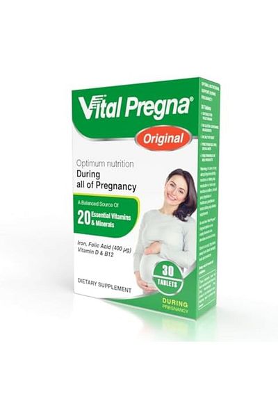 VITAL HEALTHCARE فيتال بريجنا الأصلي | مع حمض الفوليك (400 وحدة دولية)، وفيتامين د وفيتامين ب12 | يحتوي على 20 قرصًا