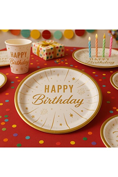 Big Party Happy Birthday Gold Varaklı Tabak,bardak Set 6 Adet