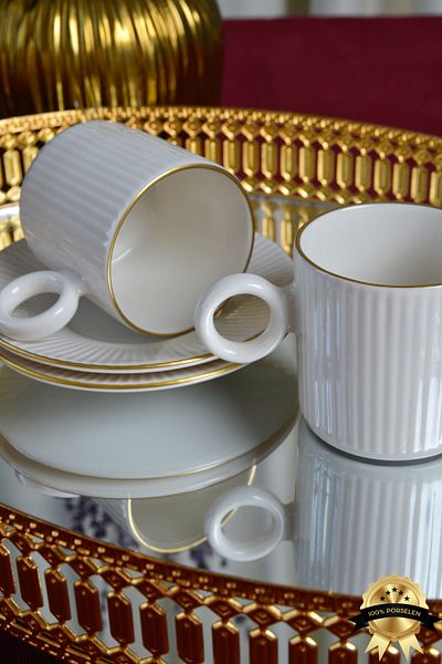 Heda Porselen Elif 4-Piece 2-Person Gold Gilded Porcelain Coffee Cup Set Off White
