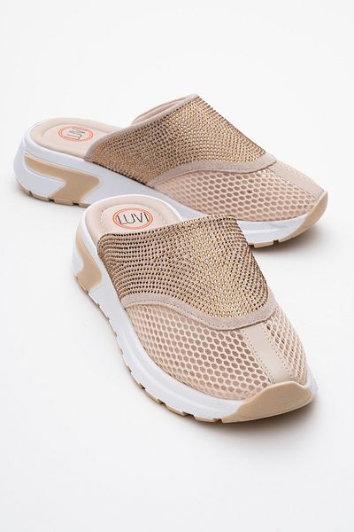 LuviShoes Papuci de damă GLEA Beige Stone Mesh cu vârf închis