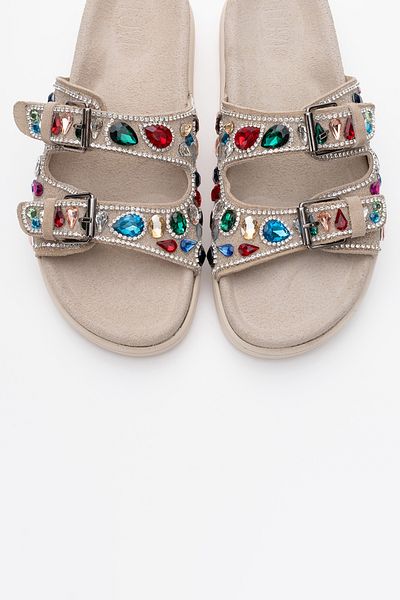 LuviShoes Papuci de damă JULES din piele naturală din piele de căprioară bej cu dungi duble, piatră colorată