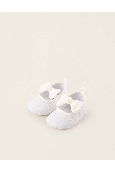 Ziddy Broderie Anglaise Ballerina Flats with Bow for Newborn Girls, White