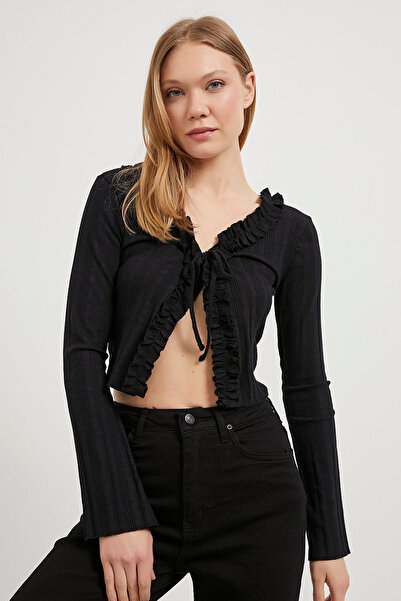 Arma Life Γυναικεία μακρυμάνικη μαύρη μπλούζα με βολάν με κορδόνια