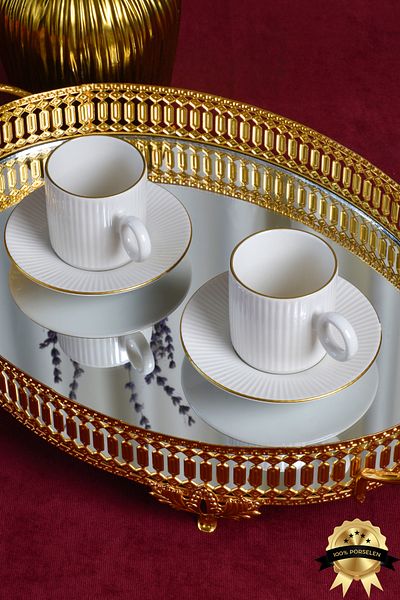 Heda Porselen Elif 4-Piece 2-Person Gold Gilded Porcelain Coffee Cup Set Off White