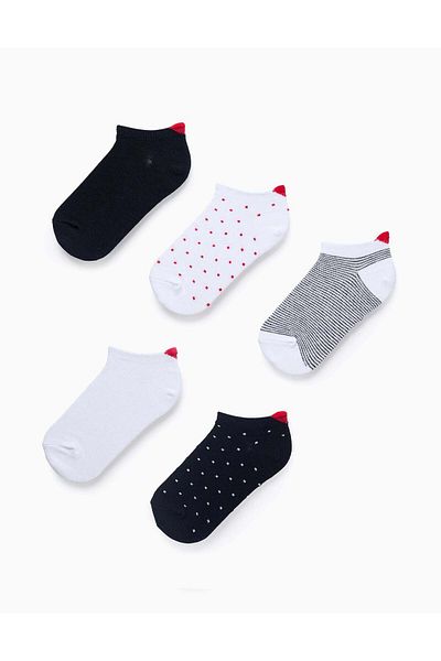 Ziddy Pack of 5 Pairs of Ankle Socks with Heart for Girls, White/Navy Blue