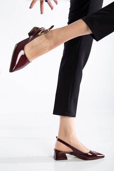 shop Women's Patent Leather Gold Buckle Open Back Short Heel Shoes