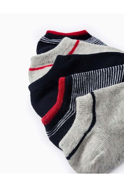 Ziddy Pack of 5 Pairs of Short Plain/Striped Socks for Baby Boys, Blue/Red/Grey