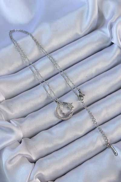 norsary 316L Steel Chain Silver Color Zircon Stone Ataturk Necklace with Moon and Star Icon