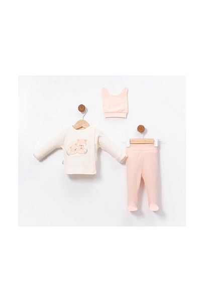 TRENDİMİZBİR Baby Girl Fox Embroidered 3-Piece Newborn Bodysuit Set Powder