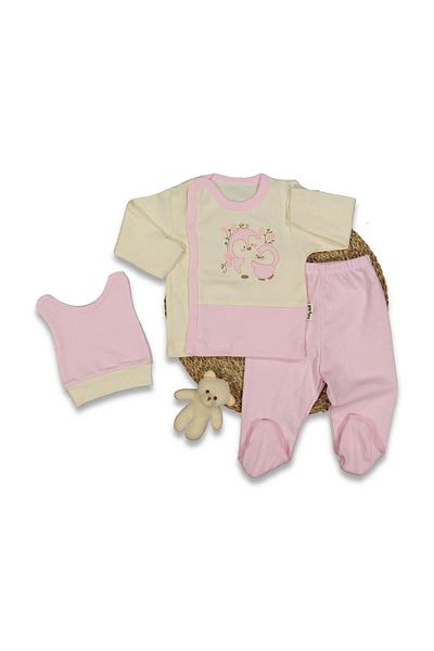 TRENDİMİZBİR Unisex Baby Penguin Embroidered Pink 3-Piece Bodysuit Set