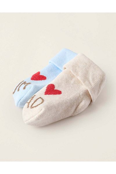 Ziddy Pack 2 Pairs of Thick Socks for Newborns and Babies 'Mum&Dad', Beige/Blue