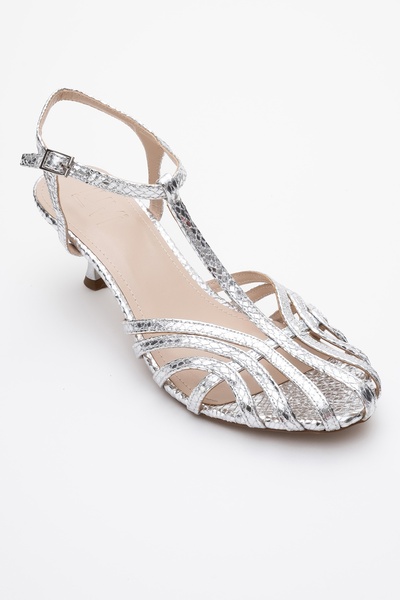 LuviShoes Feli̇p Silver Patterned Banded Women's Short Heeled Shoes