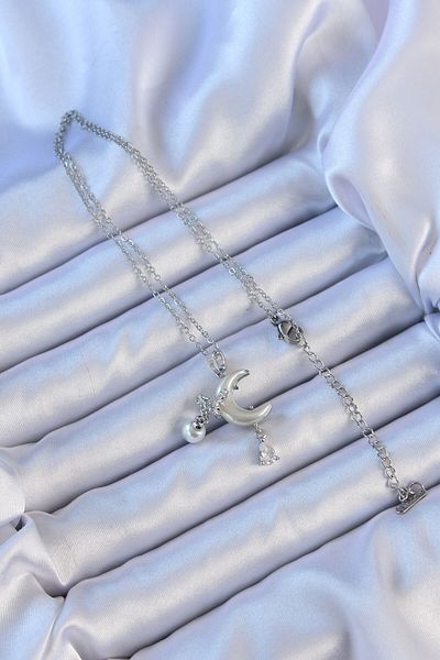 norsary 316L Steel Chain Silver Color Zircon Stone Butterfly Enamel Moon Necklace