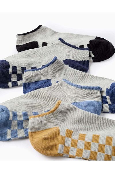 Ziddy Pack of 5 Pairs of Ankle Socks for Boys 'Squares', Grey/Blue/Yellow