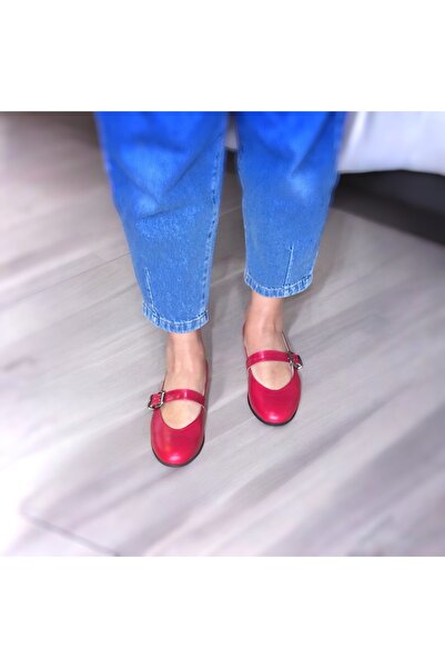 NE&VE SHOES Kırmızı Hakiki Deri Babet