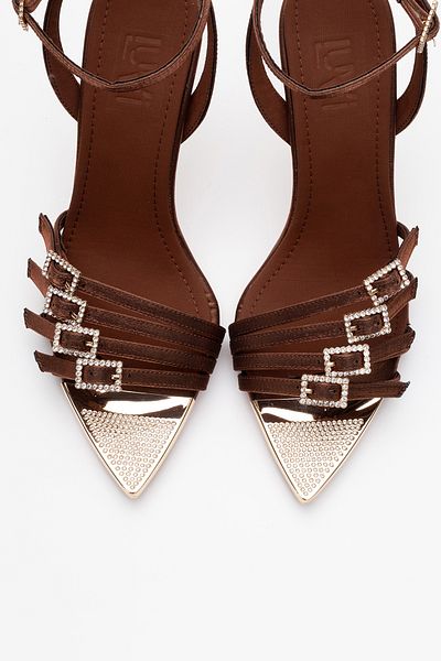 LuviShoes Dámské boty na podpatku AURO Copper Satin Stone Buckle
