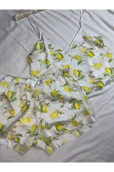 ROZENİN LINGERIE Ecru Lemon Patterned Adjustable Strap Satin Pajama Set
