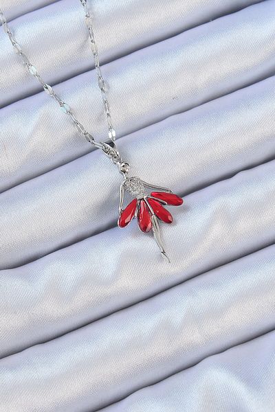 norsary 316L Steel Chain Silver Color Red Skirted Ballerina Necklace with Zircon Stone