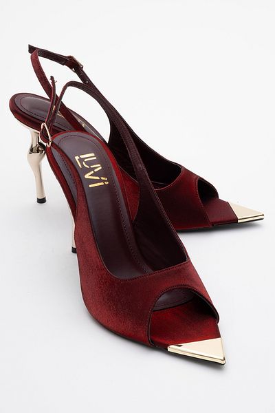 LuviShoes Γυναικεία παπούτσια με τακούνι BARLY μπορντό σατέν χρυσό με λεπτομέρειες
