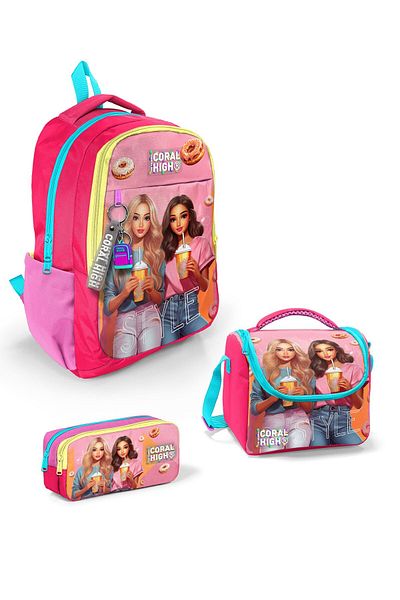 Coral High Set de 3 genți de școală cu model pentru copii, roz neon, coral, SET0123669