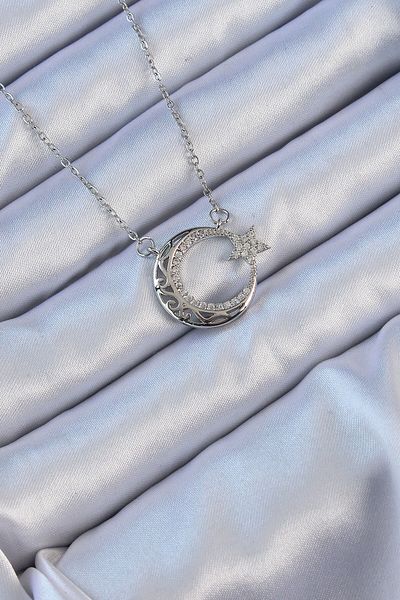 norsary 316L Steel Chain Silver Color Zircon Stone Motif Moon Star Necklace