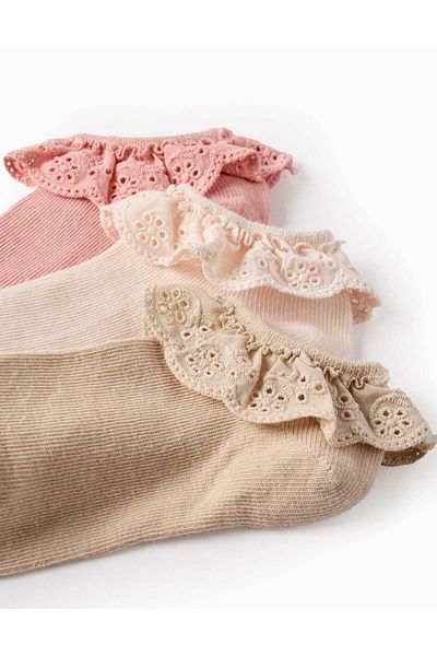 Ziddy Pack of 3 Ankle Socks with Broderie Anglaise Ruffles for Girls, Pink/Beige