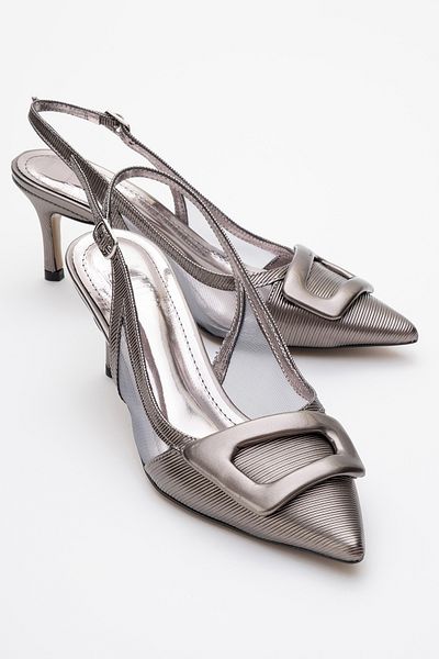 LuviShoes Pantofi cu toc subțire pentru femei, cu dungi platină, cu vârf ascuțit
