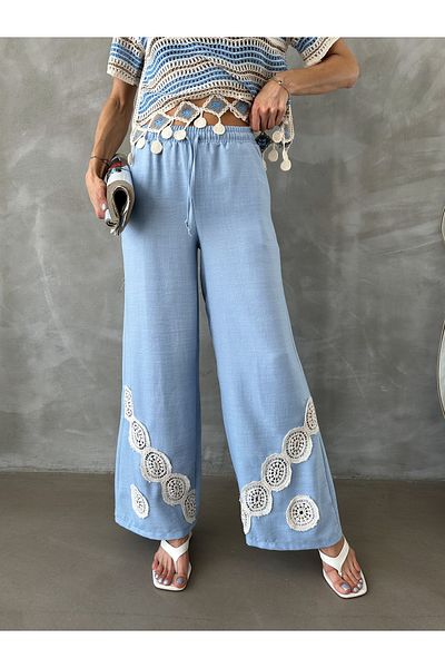Miss Allos Women's Front Tie-Up Linen Trousers with Embroidered Hem