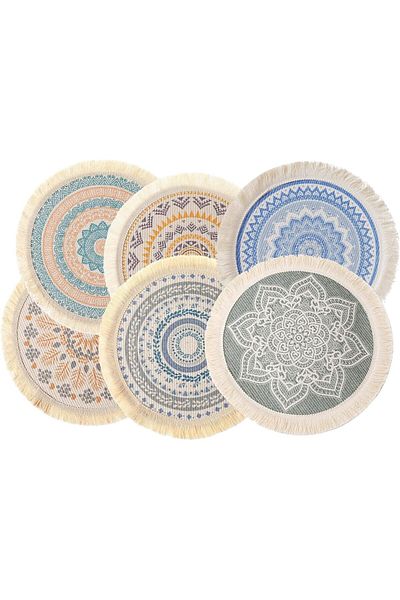 COOYA Set of 6 Placemats, Boho Style Mandala Pattern, with Tassels 13 Inch Rope Braided Place Mats
