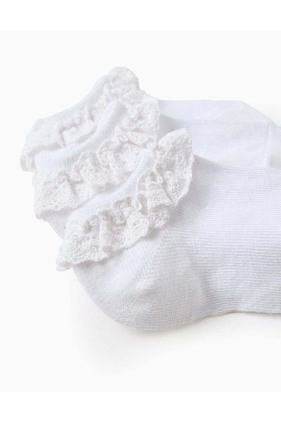 Ziddy Pack of 3 Ankle Socks with Crochet Ruffles for Baby Girls, White