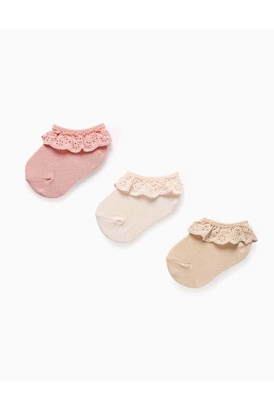 Ziddy Pack of 3 Ankle Socks with Broderie Anglaise Ruffles for Baby Girls, Pink/Beige